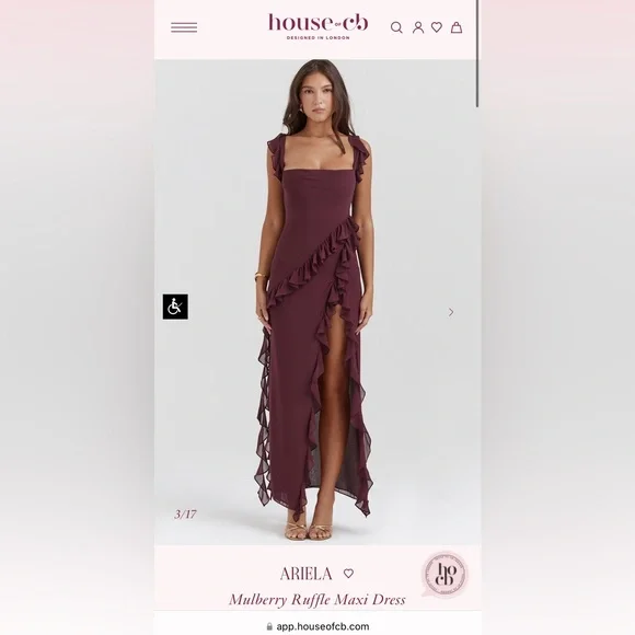 House of CB Ariela Mulberry Red Purple Ruffle Side Slit Maxi Dress